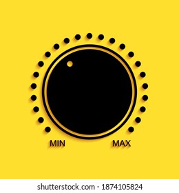 Black Dial knob level technology settings icon isolated on yellow background. Volume button, sound control, music knob with scale, analog regulator. Long shadow style. Vector.