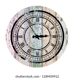 Black dial in retro style on vintage board’s round base isolated on white background. Easily transform the position of clock hands