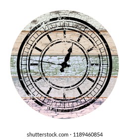 Black dial in retro style on vintage board’s round base isolated on white background. Easily transform the position of clock hands