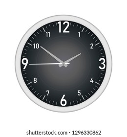 Black dial round wall clock with Arabic numerals isolated on white background, vector mock-up for design.