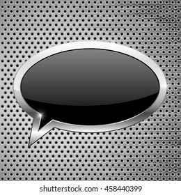 Black dialog bubble icon on metal perforated background. Vector illustration isolated on white background