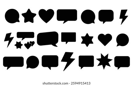 Black dialogue box, speech bubbles, blank chat box silhouette, comic cloud bubbles, empty dialogue balloons including outlined conversation icons, love, star, and thunder speech bubbles, cloud bubble