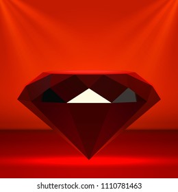 Black diamond as chic stage podium with lighting. Stage Podium Scene with for Award Ceremony on red background. Vector illustration