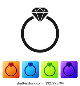 Black Diamond engagement ring icon isolated on white background. Set icon in color square buttons. Vector Illustration