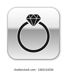 Black Diamond engagement ring icon isolated on white background. Silver square button. Vector Illustration
