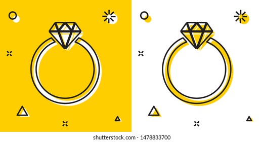 Black Diamond engagement ring icon isolated on yellow and white background. Random dynamic shapes. Vector Illustration