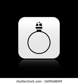 Black Diamond engagement ring icon isolated on black background. Silver square button. Vector Illustration