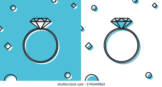 Black Diamond engagement ring icon isolated on blue and white background. Random dynamic shapes. Vector Illustration