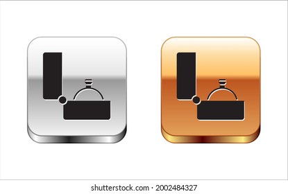 Black Diamond engagement ring icon isolated on white background. Silver and gold square buttons. Vector