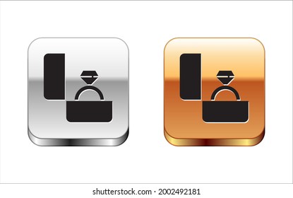 Black Diamond engagement ring icon isolated on white background. Silver-gold square button. Vector Illustration