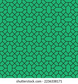Black diamond shape and diagonal line pattern on green background. Linked diagonal line and hexagon shape. Black lattice pattern on green background. Abstract maze backdrop.