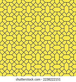 Black diamond shape and diagonal line pattern on yellow background. Linked diagonal line and hexagon shape. Black lattice pattern on yellow background. Abstract maze backdrop.