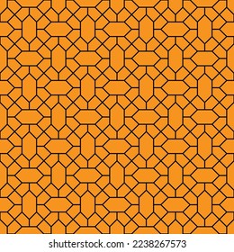 Schwarzer Diamantform und diagonales Zeilenmuster auf orangefarbenem Hintergrund. Verbundene diagonale Linie und sechseckige Form. Schwarzes Gittermuster auf orangefarbenem Hintergrund. Abstrakter Labyrinth-Hintergrund.