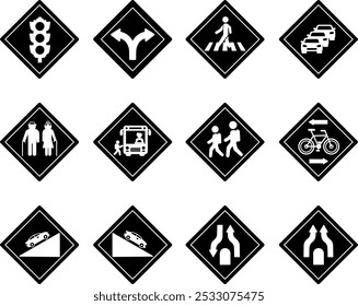 Black Diamond Shaped Road Signs. Vector Icons. Traffic Light, Fork, Crosswalk, Traffic Jam, Elderly, School Bus, Steep Descent and Ascent, and Others