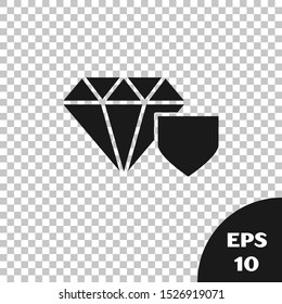 Black Diamond with shield icon isolated on transparent background. Jewelry insurance concept. Security, safety, protection, protect concept.  Vector Illustration