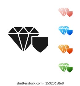 Black Diamond with shield icon isolated on white background. Jewelry insurance concept. Security, safety, protection, protect concept. Set icons colorful. Vector Illustration