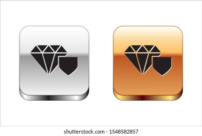 Black Diamond with shield icon isolated on white background. Jewelry insurance concept. Security, safety, protection, protect concept. Silver-gold square button. Vector Illustration