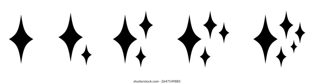Black Diamond Sparkle Icons Set. Hand Drawn Minimalist Twinkle Symbols for Magical Shine, Glossy Effect, Light Flash, Clean UI Decoration, and Cosmic Star Graphic Elements.