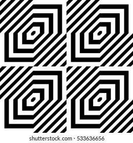 Black diamonds and lines on white background. Repeating hexagons and stripes abstract wallpaper. Seamless symmetric geometric surface pattern design. Digital paper for web design. Vector illustration