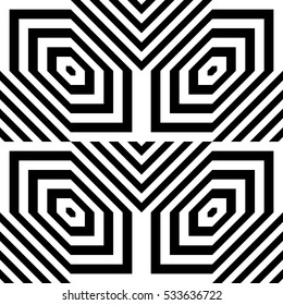 Black diamonds and lines on white background. Repeating hexagons and stripes abstract wallpaper. Seamless symmetric geometric surface pattern design. Digital paper for web design. Vector illustration