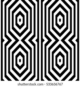 Black diamonds and lines on white background. Repeating hexagons and stripes abstract wallpaper. Seamless symmetric geometric surface pattern design. Digital paper for web design. Vector illustration