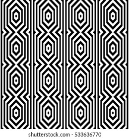 Black diamonds and lines on white background. Repeating hexagons and stripes abstract wallpaper. Seamless symmetric geometric surface pattern design. Digital paper for web design. Vector illustration