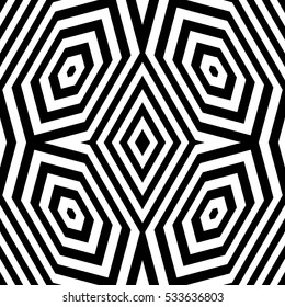 Black diamonds and lines on white background. Repeating hexagons and stripes abstract wallpaper. Seamless symmetric geometric surface pattern design. Digital paper for web design. Vector illustration