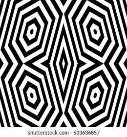 Black diamonds and lines on white background. Repeating hexagons and stripes abstract wallpaper. Seamless symmetric geometric surface pattern design. Digital paper for web design. Vector illustration