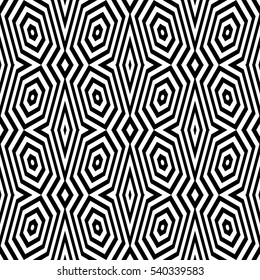 Black diamonds and lines on white background. Repeating hexagons and stripes abstract wallpaper. Seamless symmetric geometric surface pattern design. Digital paper for web design. Vector illustration