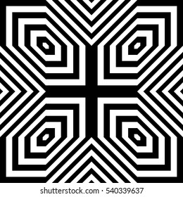 Black diamonds and lines on white background. Repeating hexagons and stripes abstract wallpaper. Seamless symmetric geometric surface pattern design. Digital paper for web design. Vector illustration