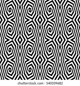 Black diamonds and lines on white background. Repeating hexagons and stripes abstract wallpaper. Seamless symmetric geometric surface pattern design. Digital paper for web design. Vector illustration