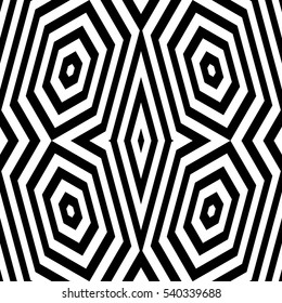 Black diamonds and lines on white background. Repeating hexagons and stripes abstract wallpaper. Seamless symmetric geometric surface pattern design. Digital paper for web design. Vector illustration