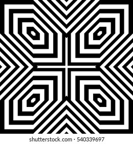 Black diamonds and lines on white background. Repeating hexagons and stripes abstract wallpaper. Seamless symmetric geometric surface pattern design. Digital paper for web design. Vector illustration