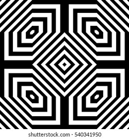 Black diamonds and lines on white background. Repeating hexagons and stripes abstract wallpaper. Seamless symmetric geometric surface pattern design. Digital paper for web design. Vector illustration