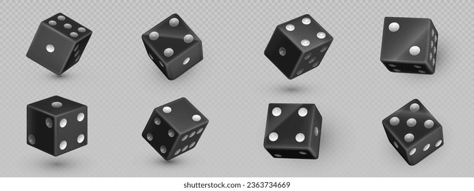 Schwarze Würfel - 3D-Vektorgrafik-Set. Falling und Rolling realistische Würfel für Glücksspiel und Casino-Spielkonzept. Quadratische Craps oder Stanzen - Spielstück mit unterschiedlichen weißen Punkten auf jeder Seite.