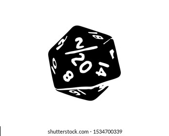 Black Dice for board games. A figure with twenty faces. Isolated vector illustration on a white background. Object d 20 for throwing during the game. Hobbies, entertainment, fun pastime