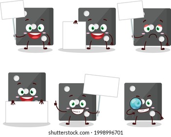 Black dice cartoon character bring information board. Vector illustration