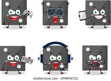 Black dice cartoon character are playing games with various cute emoticons. Vector illustration