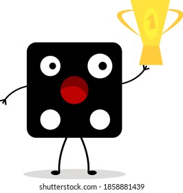 black dice with emotion of surprise holds award for first place object on white background concept of board games and sports