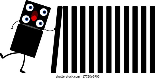 black dice for playing dominoes, cartoon character screaming in surprise he lost his balance and pushed the rest of the dominoes. board game concept. Object on a white background
