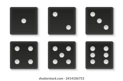 Juego de dados negros. Colección de cubos de dados con números. Elementos del juego de casino, lotería y juegos de azar. Iconos de vista superior. Ilustración vectorial realista