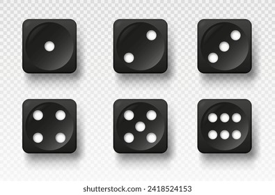 Black dice set. Graphic elements for lotteries and table games of chance. Probability score, cube objects with shadow. Multiple numered sides of object. Realistic isometric vector illustration