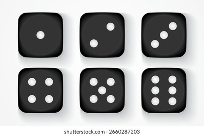 Black Dice Set – Vector Illustration of Dice with Numbers 1, 2, 3, 4, 5, 6 in 3D Style on White Background