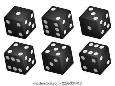 Black dice with white dots. Vector set isolated on white background. 3d dice.
