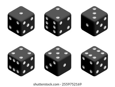 Black dice with white dots. Vector set isolated on white background. 3d dice.