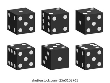 Black dice with white dots. Vector set isolated on white background. 3d dice.