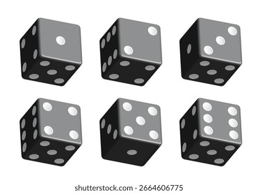 Dados negros con puntos blancos. Conjunto de Vector aislado sobre fondo blanco. Dados 3D.