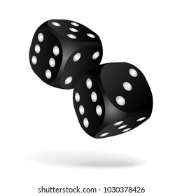 Black dice with white pips. Two black falling dice isolated on white. Casino gambling template concept. Vector illustration
