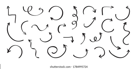 Black different arrow icons hand drawn isolated on white background. Vector illustration