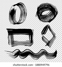 Black different shapes rhombus, oval, rectangle, circle thick brush textured strokes on imitation transparent background